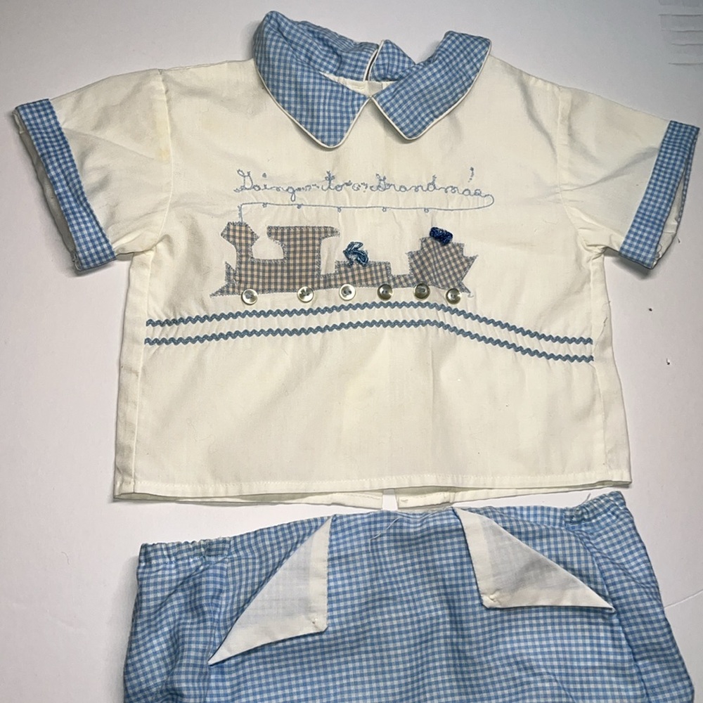 Precious vintage 1950s Going to Grandmas Blue and White check baby Outfit Set - Picture 3 of 15